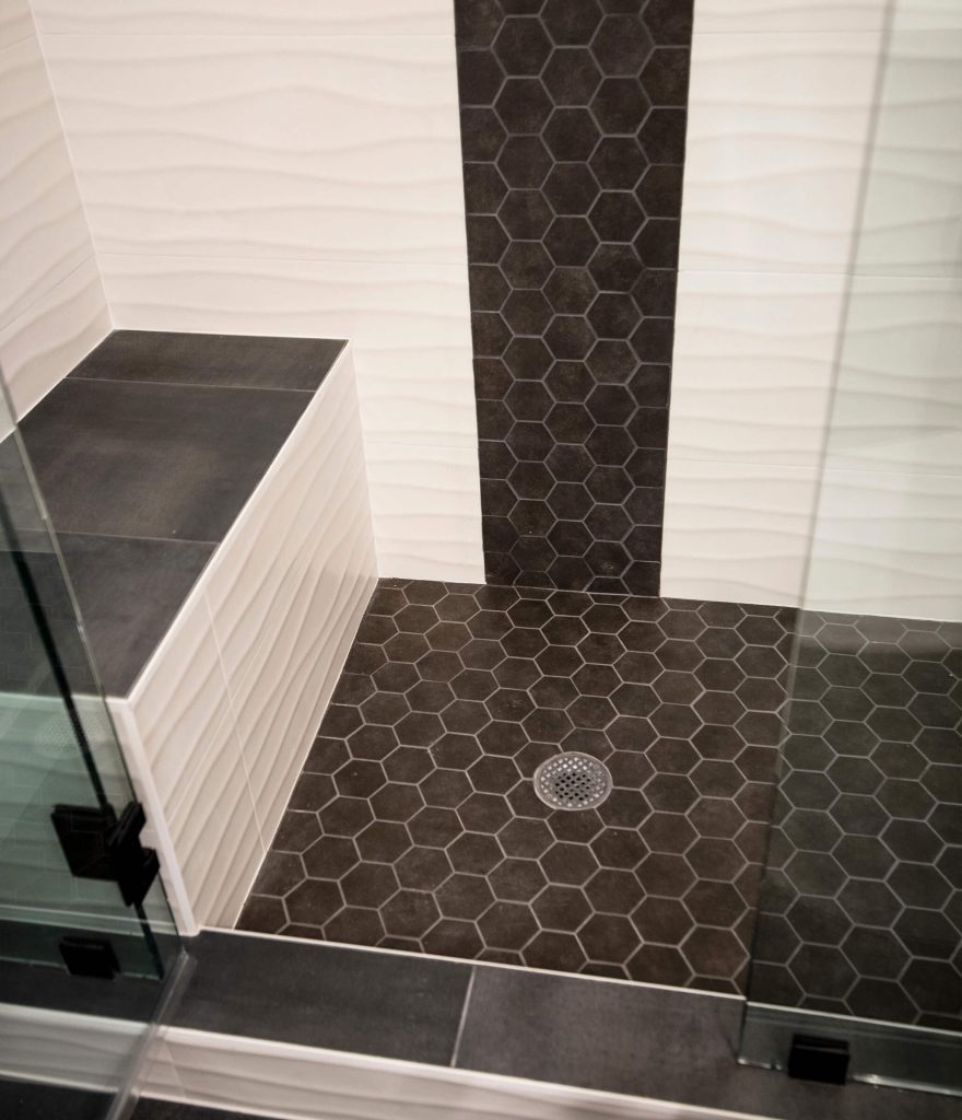 Alta Bathroom Remodeling with Black Hexagon Flooring